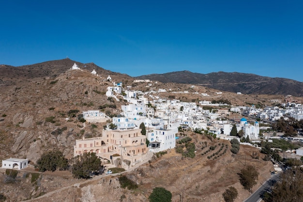 Cyclades Greece Ios island aerial drone view of Chora town