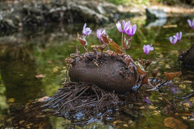 Photo cyclamen tubes grown on the stone in the water