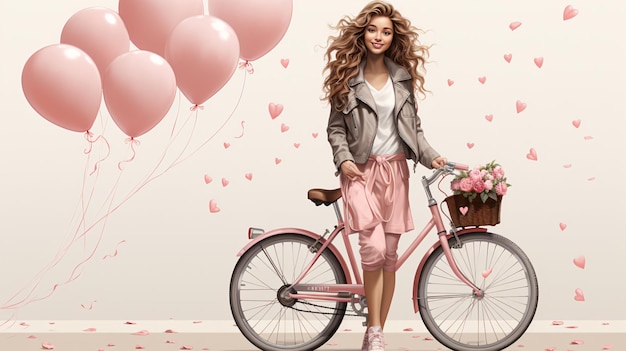 バレンタインデーに装飾されたピンクの風船の自転車