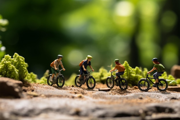 Foto avventura in bicicletta persone in miniatura che guidano biciclette all'aperto sfondo bokeh verde