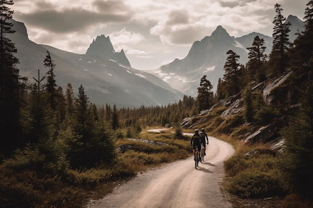 写真 サイクリング アドベンチャー 山と木々に囲まれた風光明媚な道を自転車で走る 2 人のサイクリスト ジェネレーティブ ai