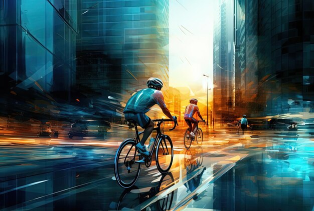Cycling in city sunset motion blurred sports cyclists 3d