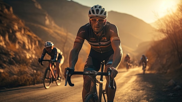 Cycling competition cyclist athletes riding a race at high speed on mountain road Sportsmen bikes in the morning