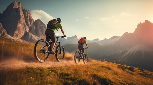 Photo cycling couple riding mountain trail outdoor sports activity