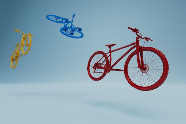 Ciclismo. modelli di biciclette multicolori che volano su uno sfondo blu. rendering 3d.