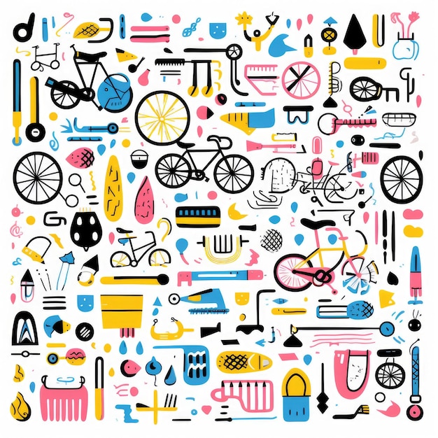 Cycling supplies colorful set of doodles on white background Generative AI