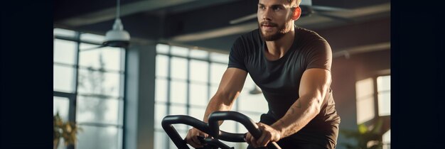 Cycling for wellbeing Young man smashing cardio goals with exercise bike