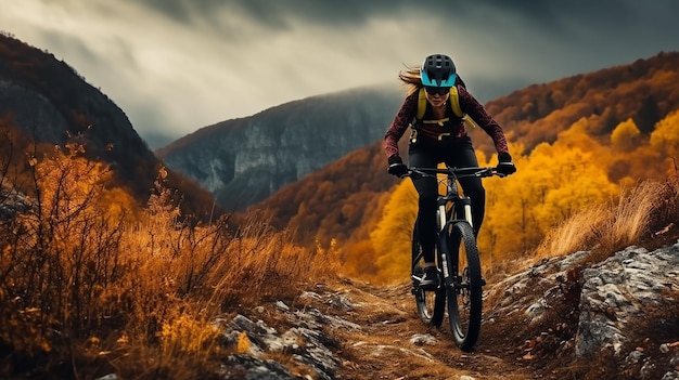 秋の山で自転車に乗ってサイクリングする女性