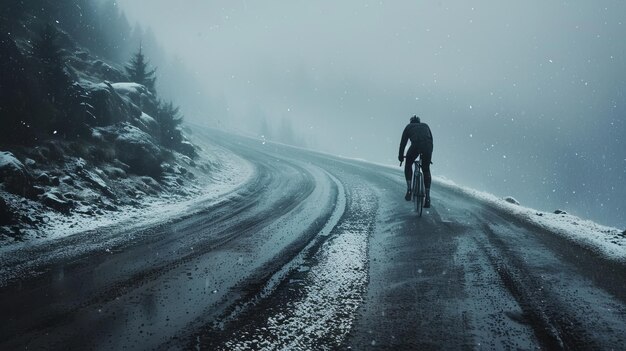 Photo cyclist braving snowy mountain road in a serene landscape