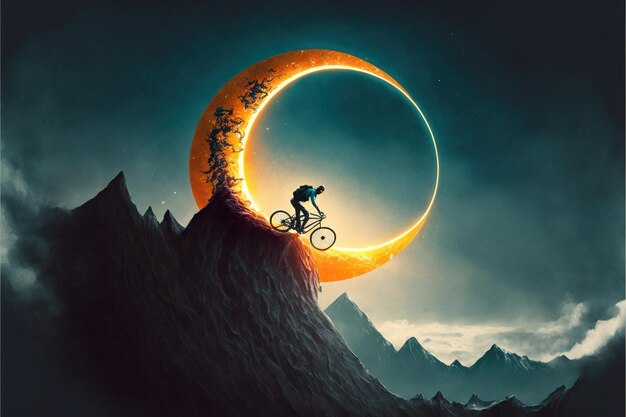 A cyclist crossing a cliff against the sky with solar eclipse digital art style illustration painting fantasy concept of a cyclist on a bicycle on the mountain