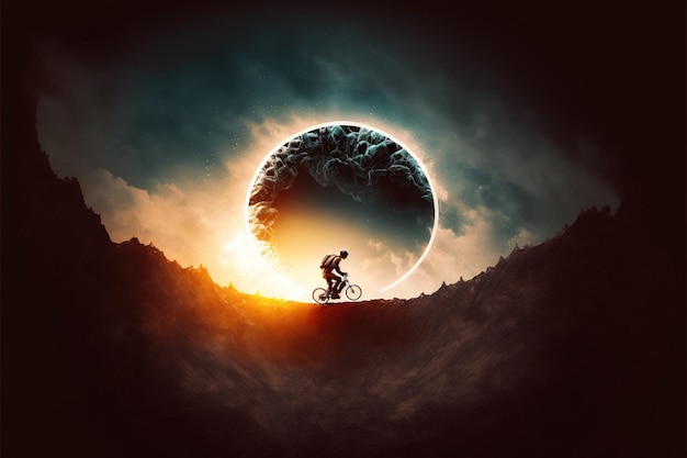 a cyclist crossing a cliff against the sky with solar eclipse digital art style illustration painting fantasy concept of a cyclist on a bicycle on the mountain