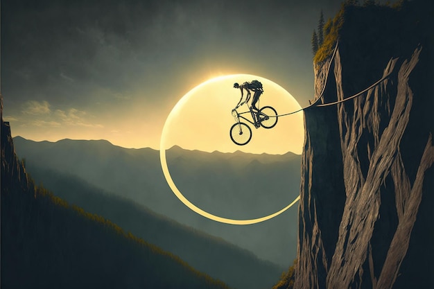 일식 디지털 아트 스타일 일러스트레이션으로 하늘을 배경으로 절벽을 건너는 자전거 타는 사람이 절벽을 건너는 자전거 타는 사람의 판타지 개념을 그림