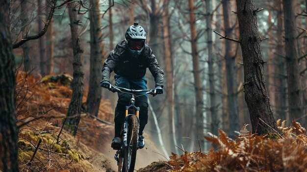 Photo a cyclist in a forest riding downhill mountain biking