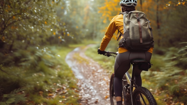秋の森の小道で自転車に乗る人