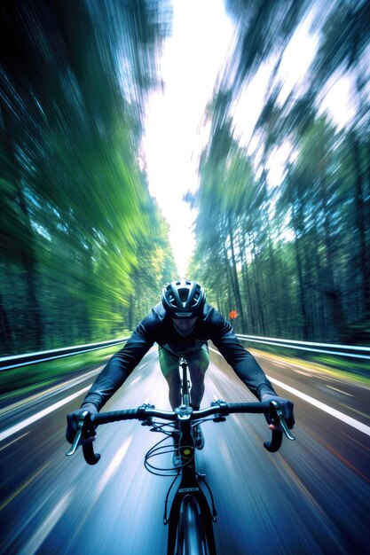 Photo a cyclist going down a hill in a great landscape