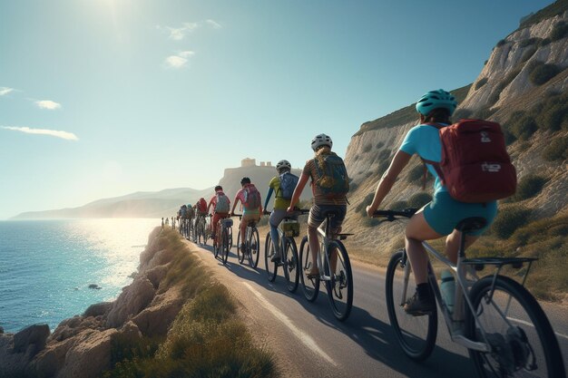 Фото Группа велосипедистов наслаждается живописной прибрежной поездкой generative ai