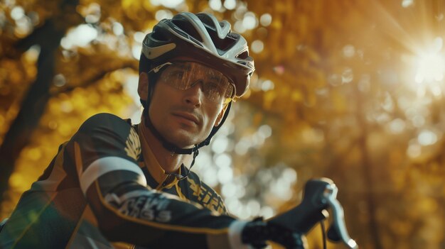 Cyclist in helmet and glasses riding bicycle in autumn park