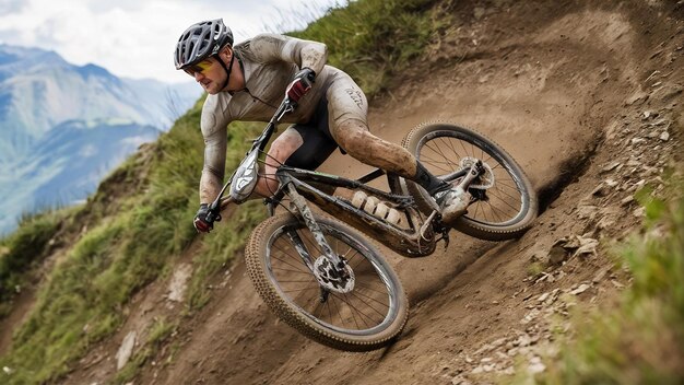 Cyclist man racing bike on mountain