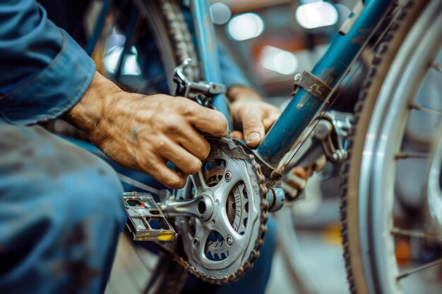 Photo cyclist mechanic repairing bicycle in workshop