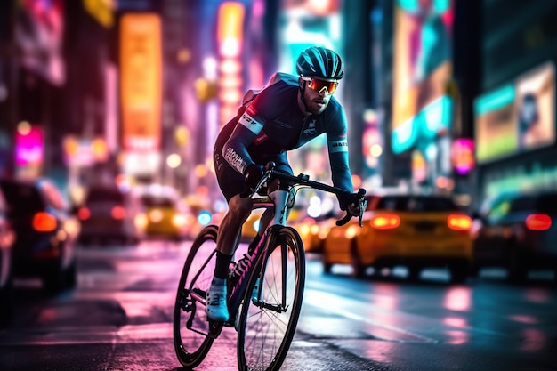 Велосипедист в движении катается на шоссейном велосипеде по ночному городу