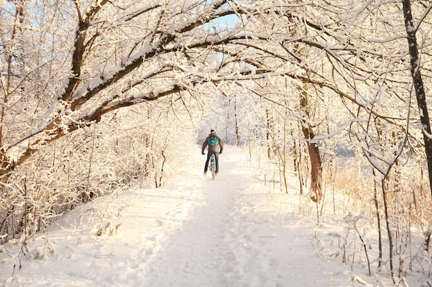 写真 冬の雪に覆われた森の小道のサイクリスト