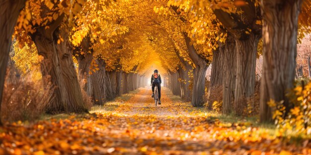 A cyclist pedaling through a tunnel of autumn trees