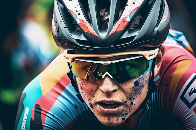 自転車に乗っているメガネとヘルメットをかぶったサイクリストの肖像画
