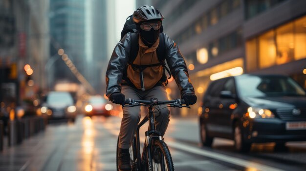 Cyclist in protective gear rides through busy city street with skyscrapers and cars in the background