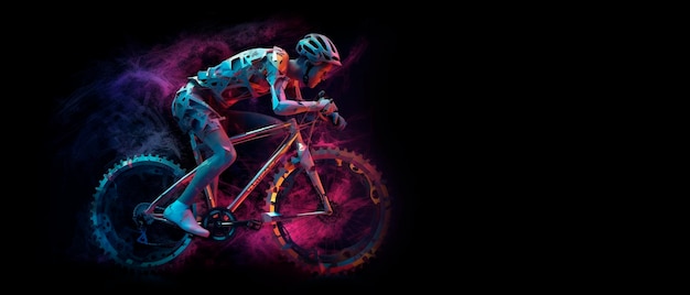 A cyclist rides a bike in a dark background.