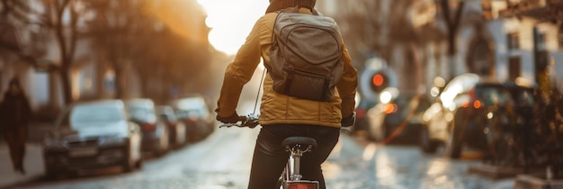 サイクリストが街の通りを走っている