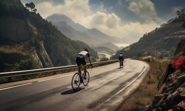 サイクリストが丘の道で自転車に乗っている