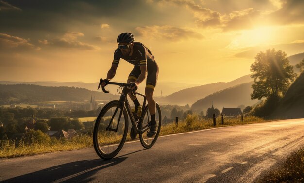 Cyclist rides his bike on a hilly road