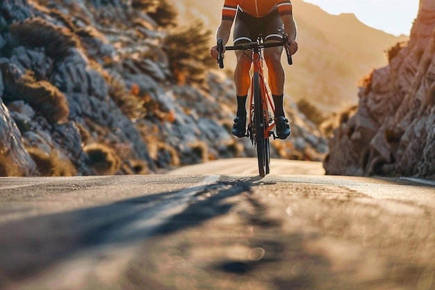 A cyclist rides a mountain slope on a road bike