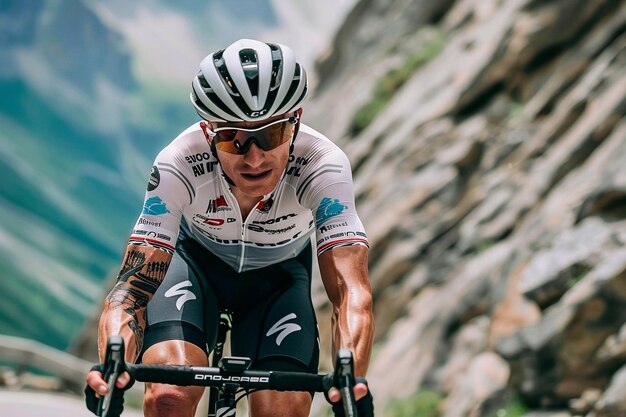 Cyclist rides a mountain slope on a road bike