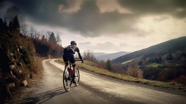 A cyclist rides a road with mountains in the background