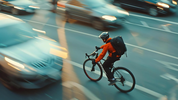 Photo cyclist rides through busy city streets