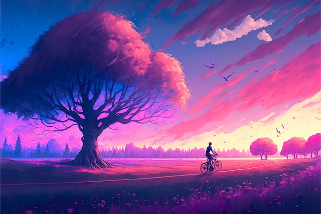 A cyclist rides through a colorful landscape with a tree