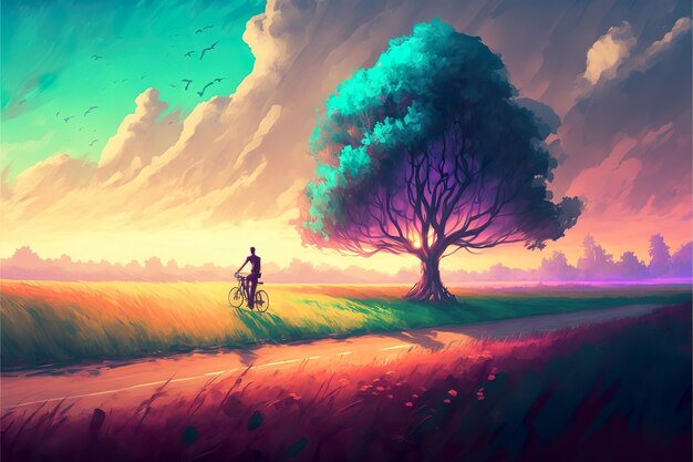 A cyclist rides through a colorful landscape with a tree