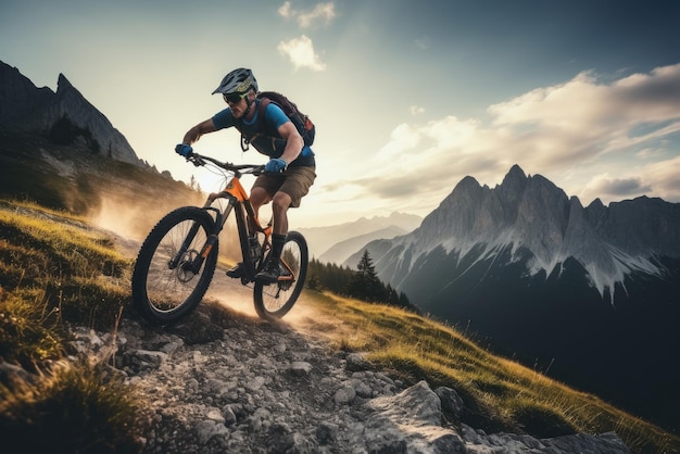 Cyclist riding bicycle on mountain trail