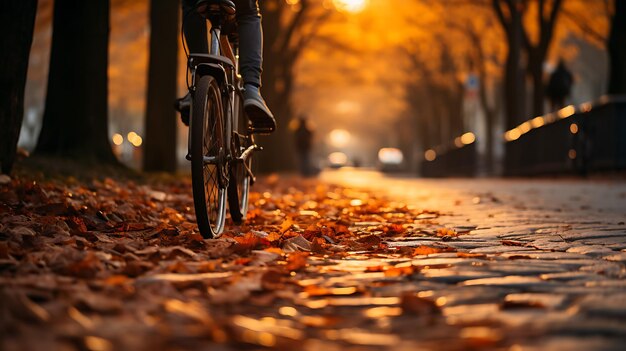 Велосипедист едет на велосипеде по дороге в осеннем парке