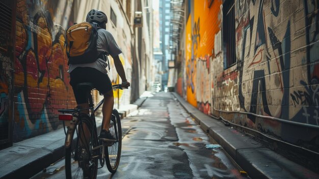 写真 活気のあるグラフィティで飾られた都市の小道を自転車に乗るサイクリスト