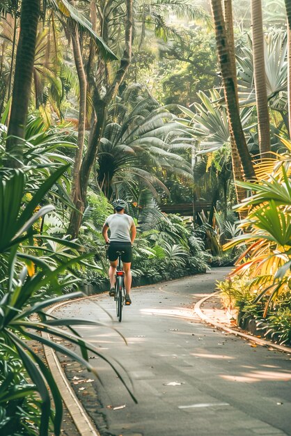 Велосипедист, едущий по велосипедной дорожке, окруженной пышной зеленью, являющаяся примером экологически безопасного транспорта.