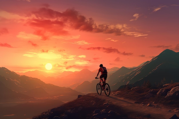 cyclist riding on a bike on mountain at sunset