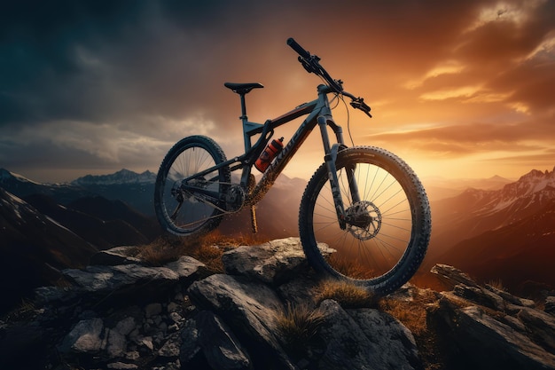 cyclist riding on a bike on mountain at sunset