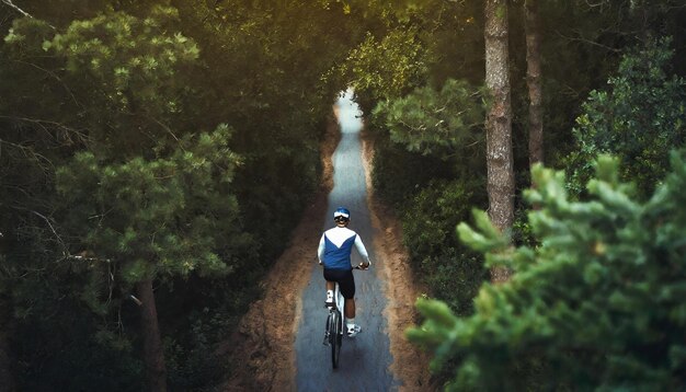 松 の 森 の 道 で 自転車 を 乗っ て いる 自転車 運転手