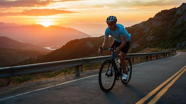 山の道で日没時に自転車に乗っているサイクリスト