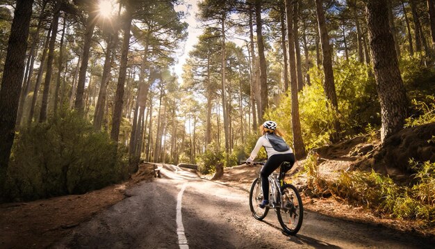 美しい松の森の小道を自転車で走るサイクリスト