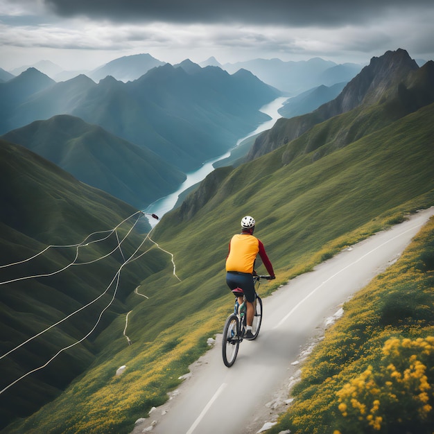 Фото Велосипедист едет по дороге в горах концепция спорта и активной жизни