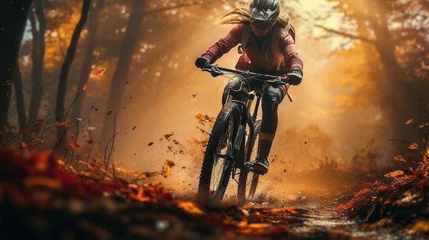 Photo cyclist riding through the country side road