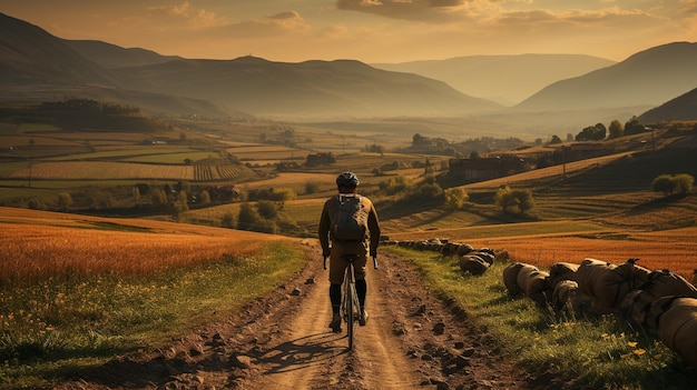 Photo cyclist riding through the country side road